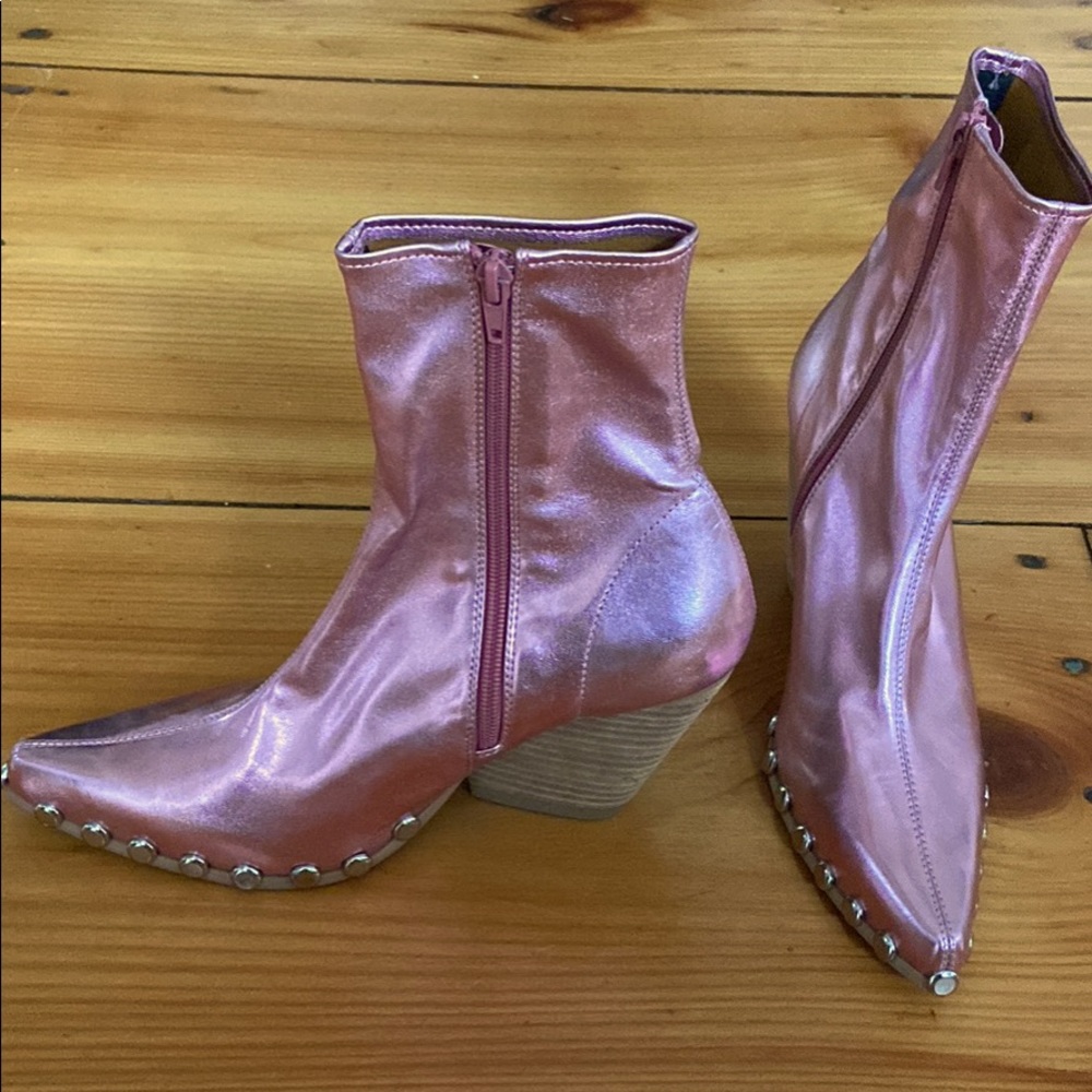 Free People Pink Metallic Ankle Boots with Studded Trim